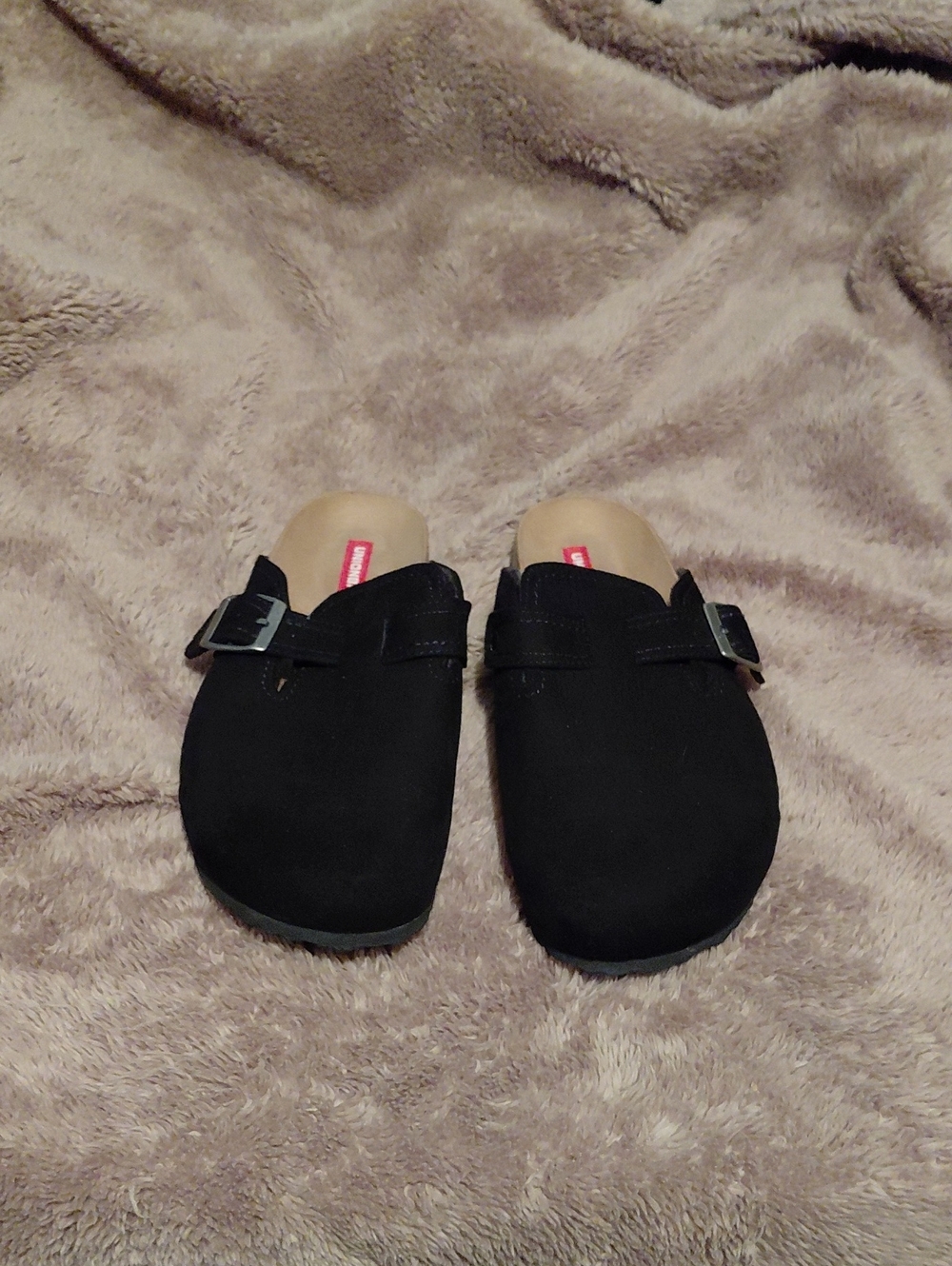 Black Slip-On Buckle Clog Mules